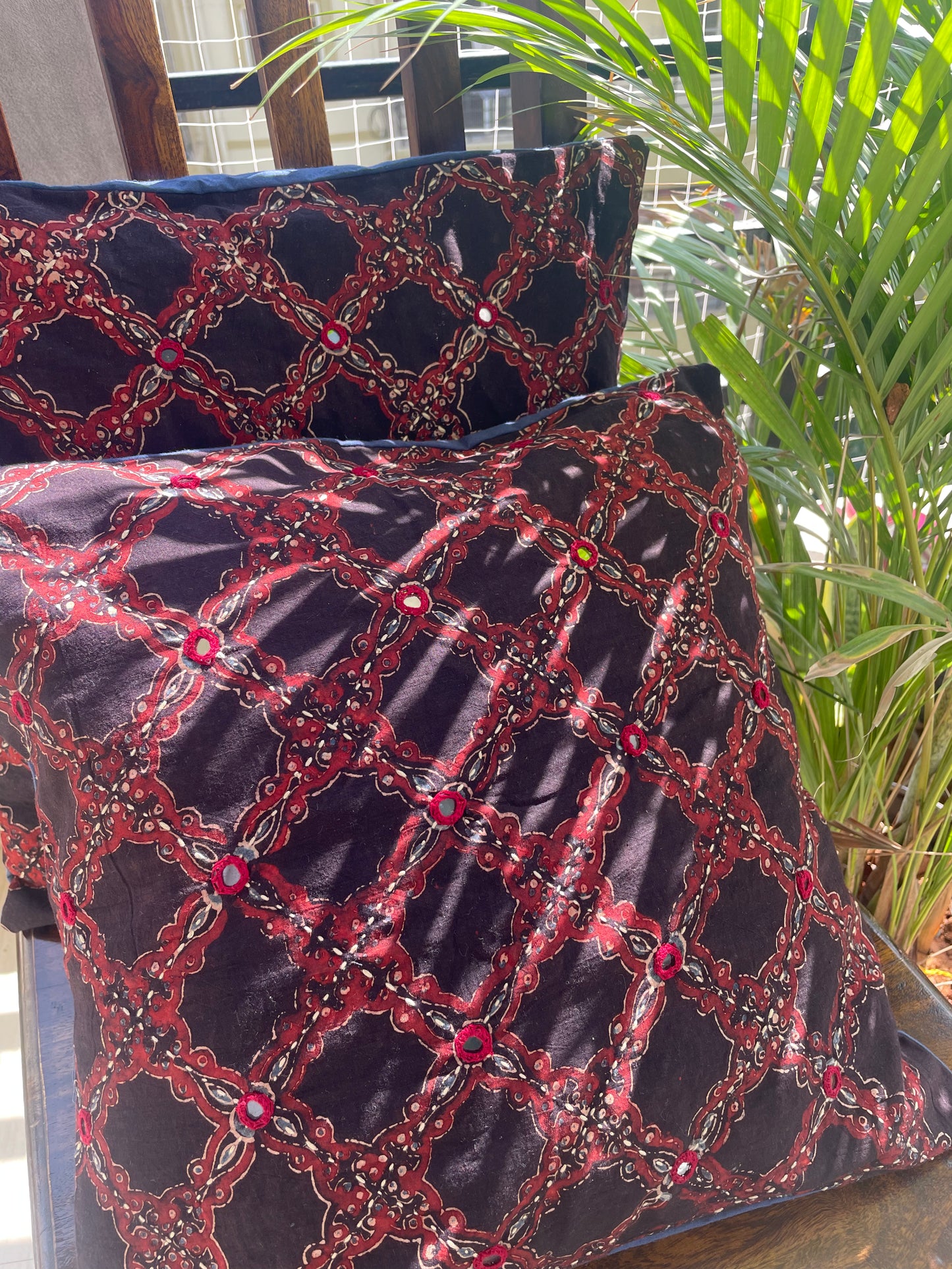 BLACK - RUST  hand Embroidered Cotton  Cushion Cover