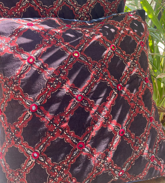 BLACK - RUST  hand Embroidered Cotton  Cushion Cover