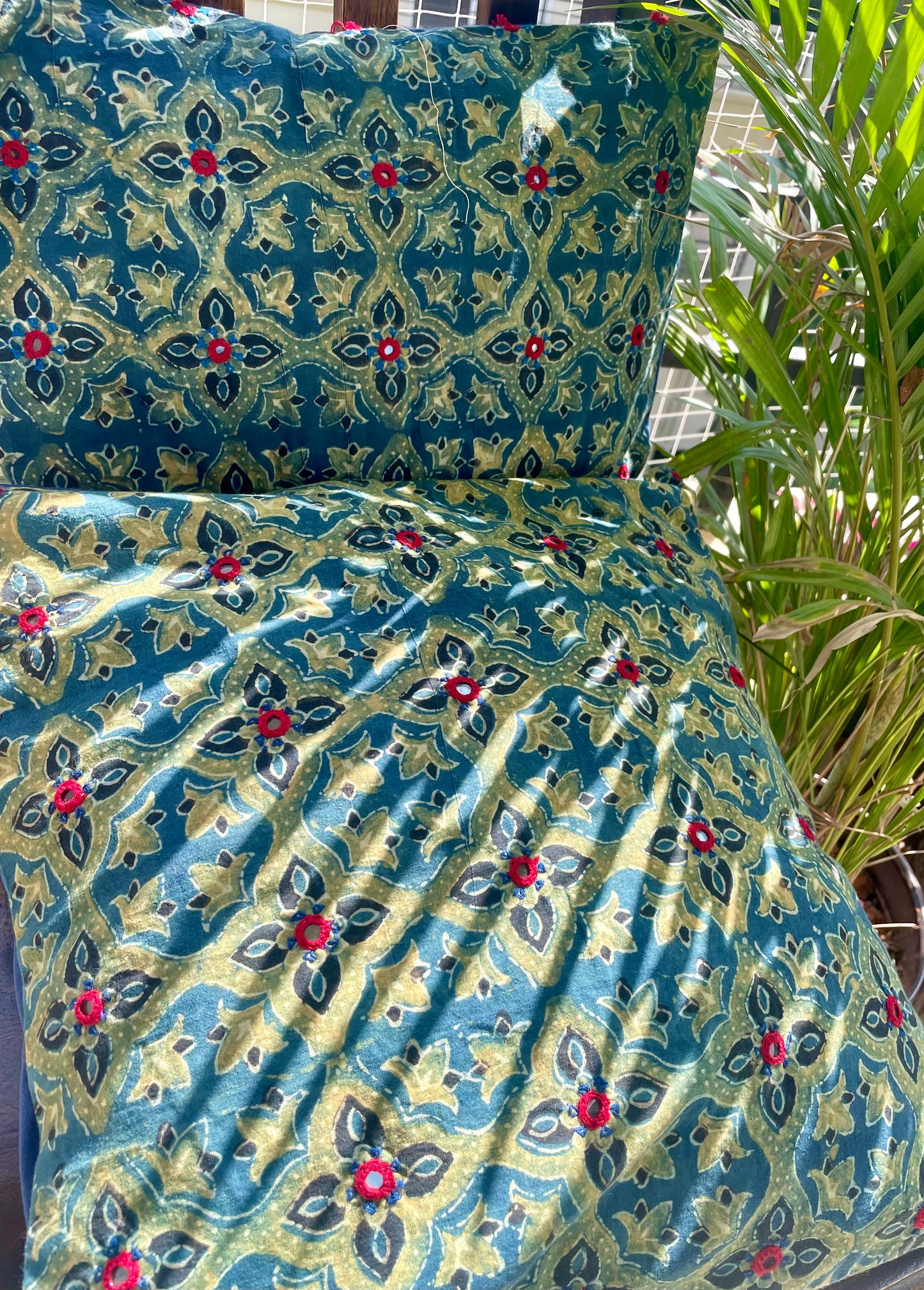 INDIGO- MUSTARD hand Embroidered Cotton  Cushion Cover