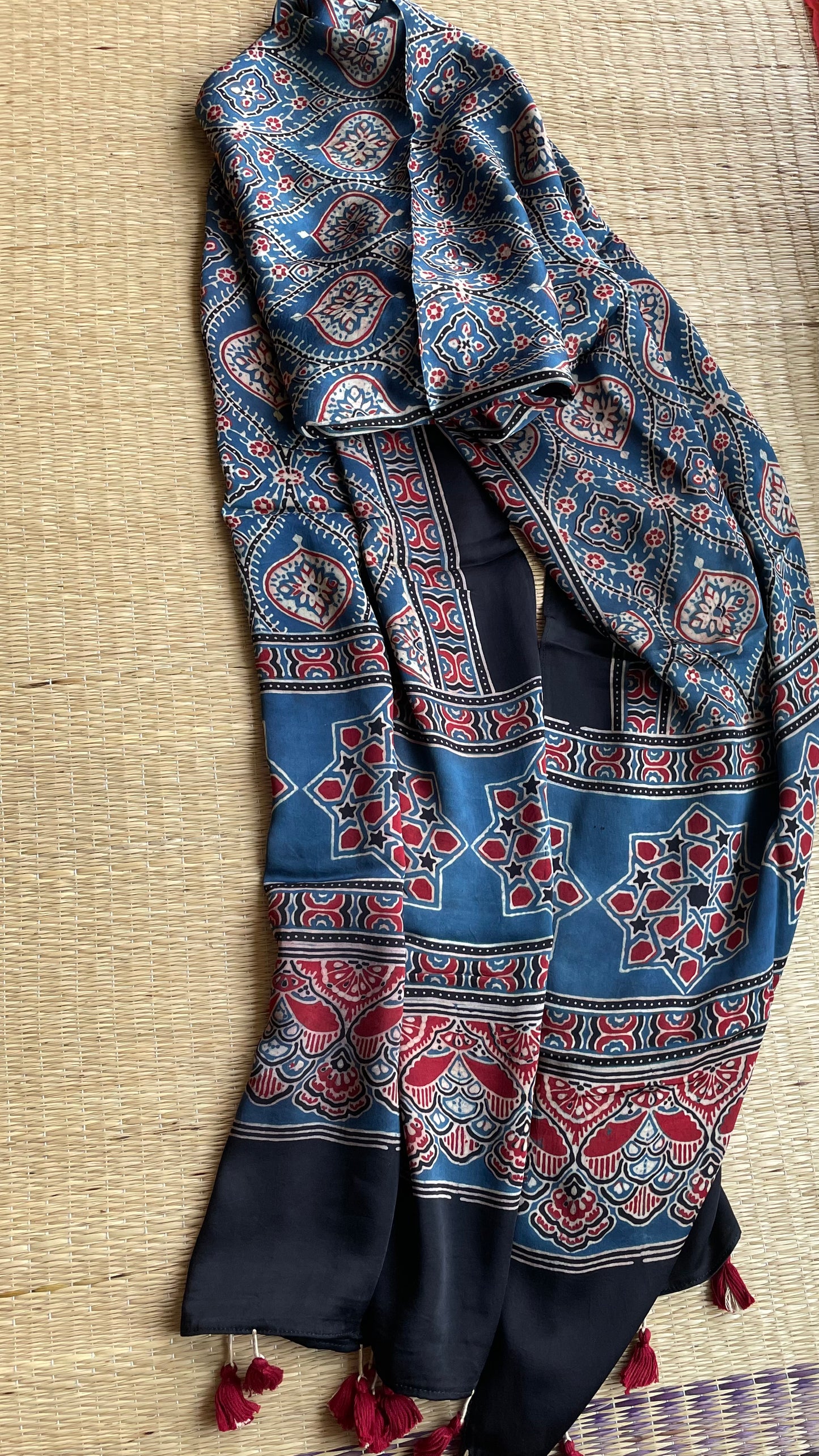 Ajrakh Block Printed Modal Silk Stole(indigo1)