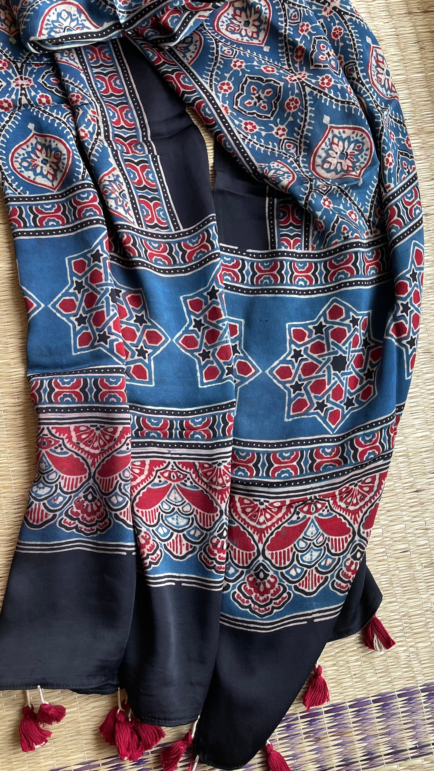 Ajrakh Block Printed Modal Silk Stole(indigo1)