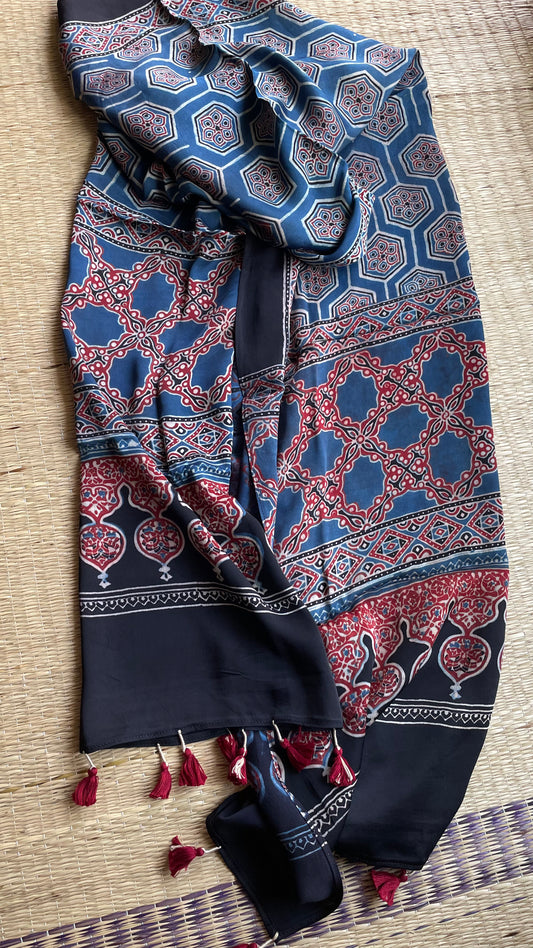 Ajrakh Block Printed Modal Silk Stole(indigo2)