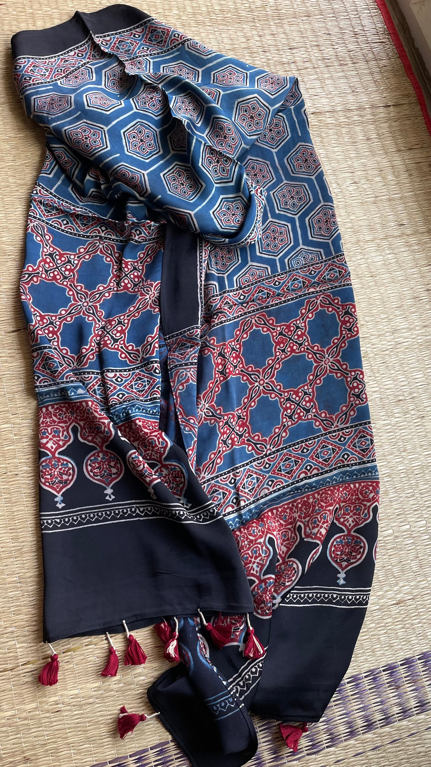 Ajrakh Block Printed Modal Silk Stole(indigo2)