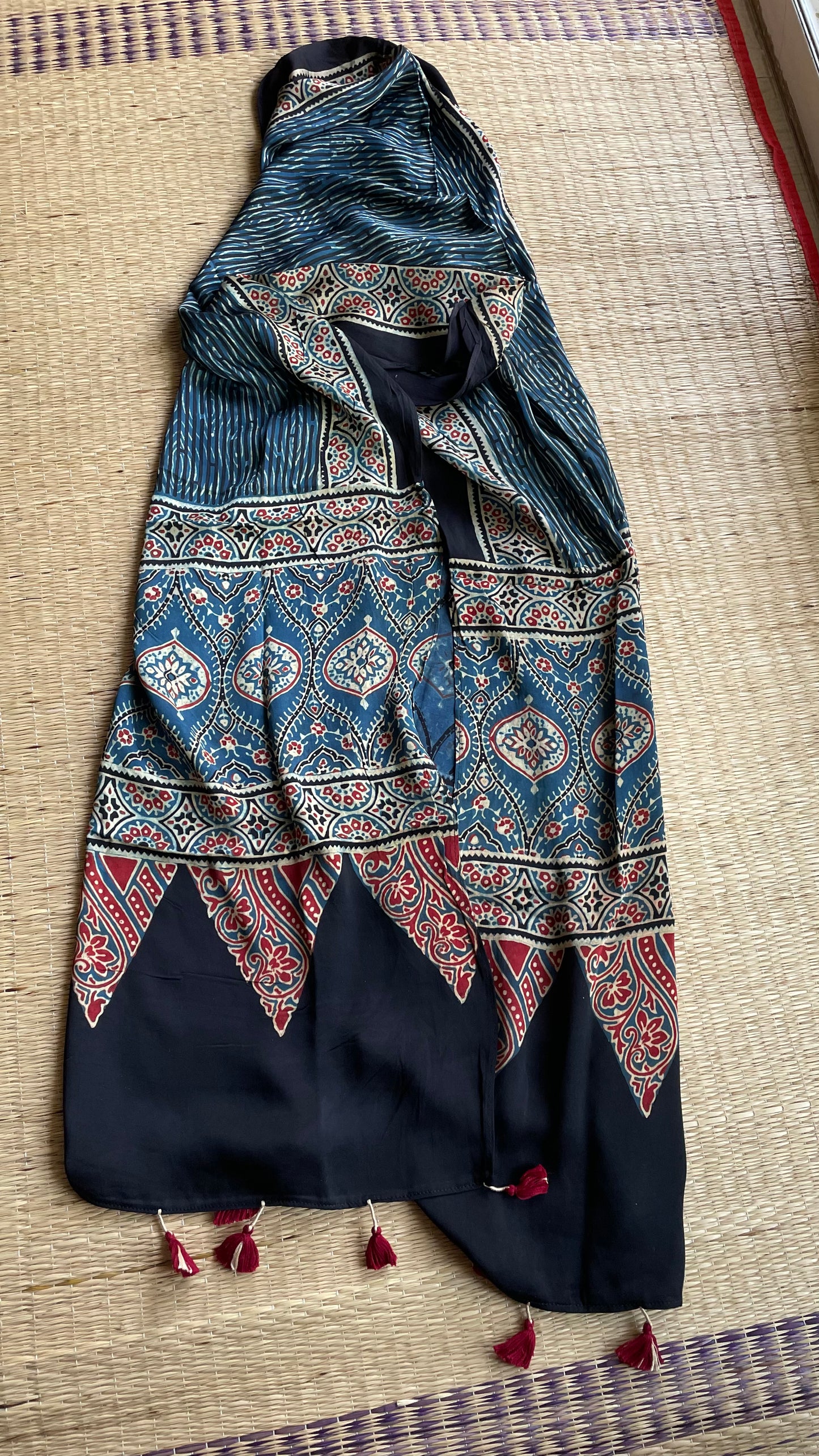 Ajrakh Block Printed Modal Silk Stole(indigo4)