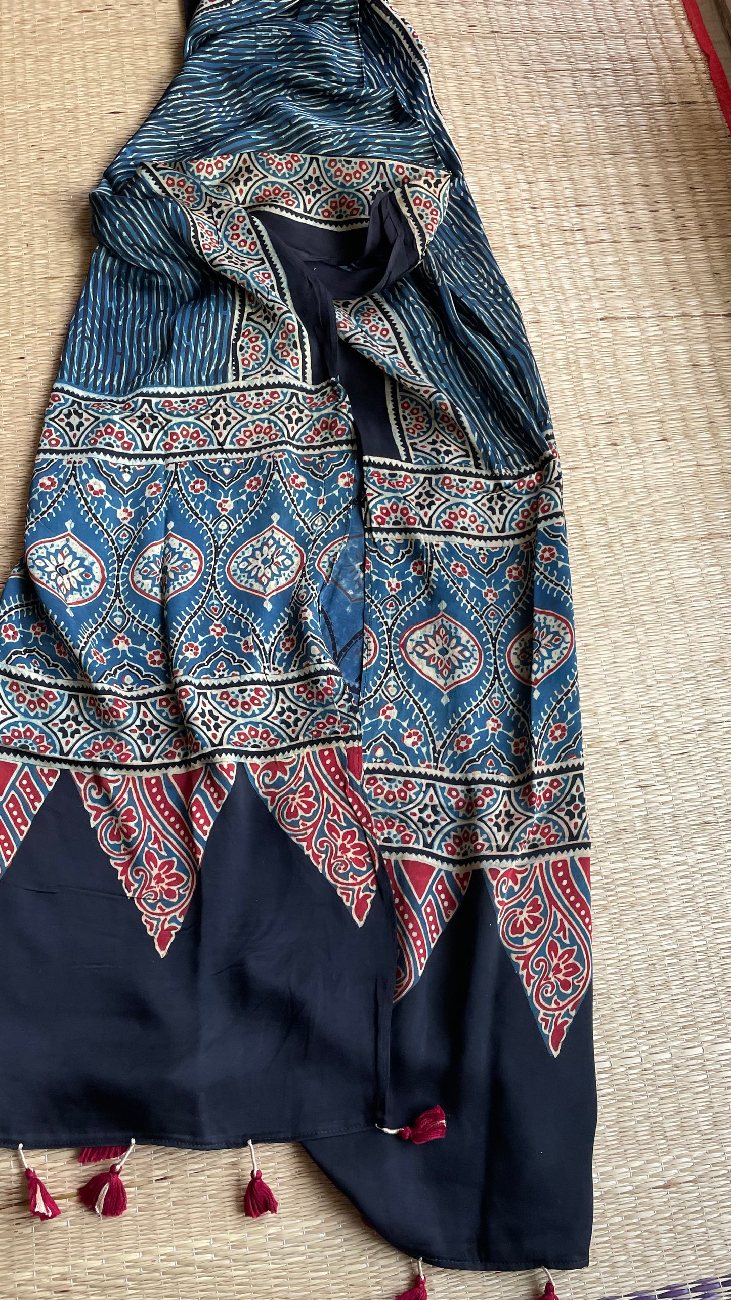 Ajrakh Block Printed Modal Silk Stole(indigo4)