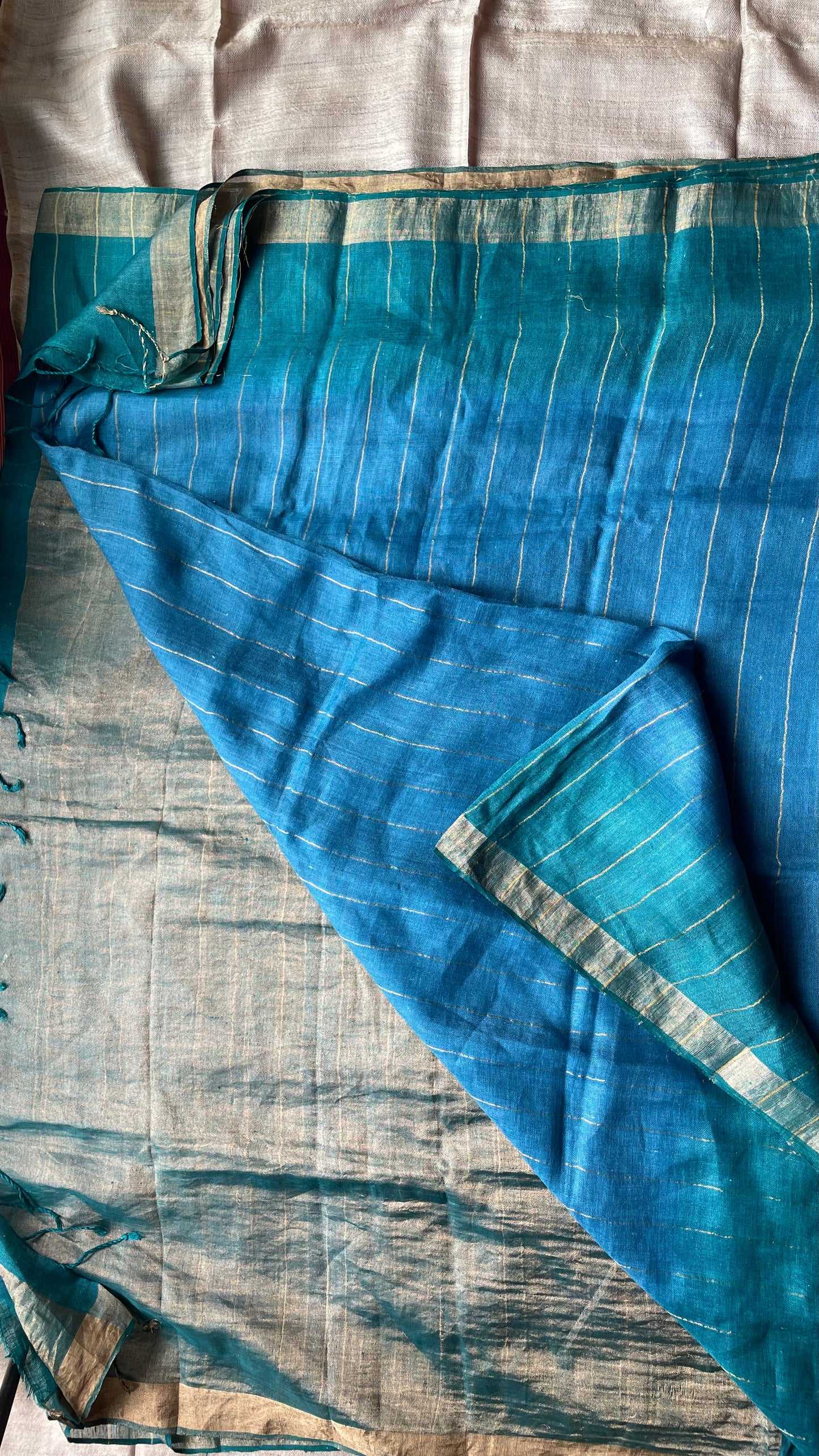 Aquamarine Linen Saree #2 (Gold Zari)