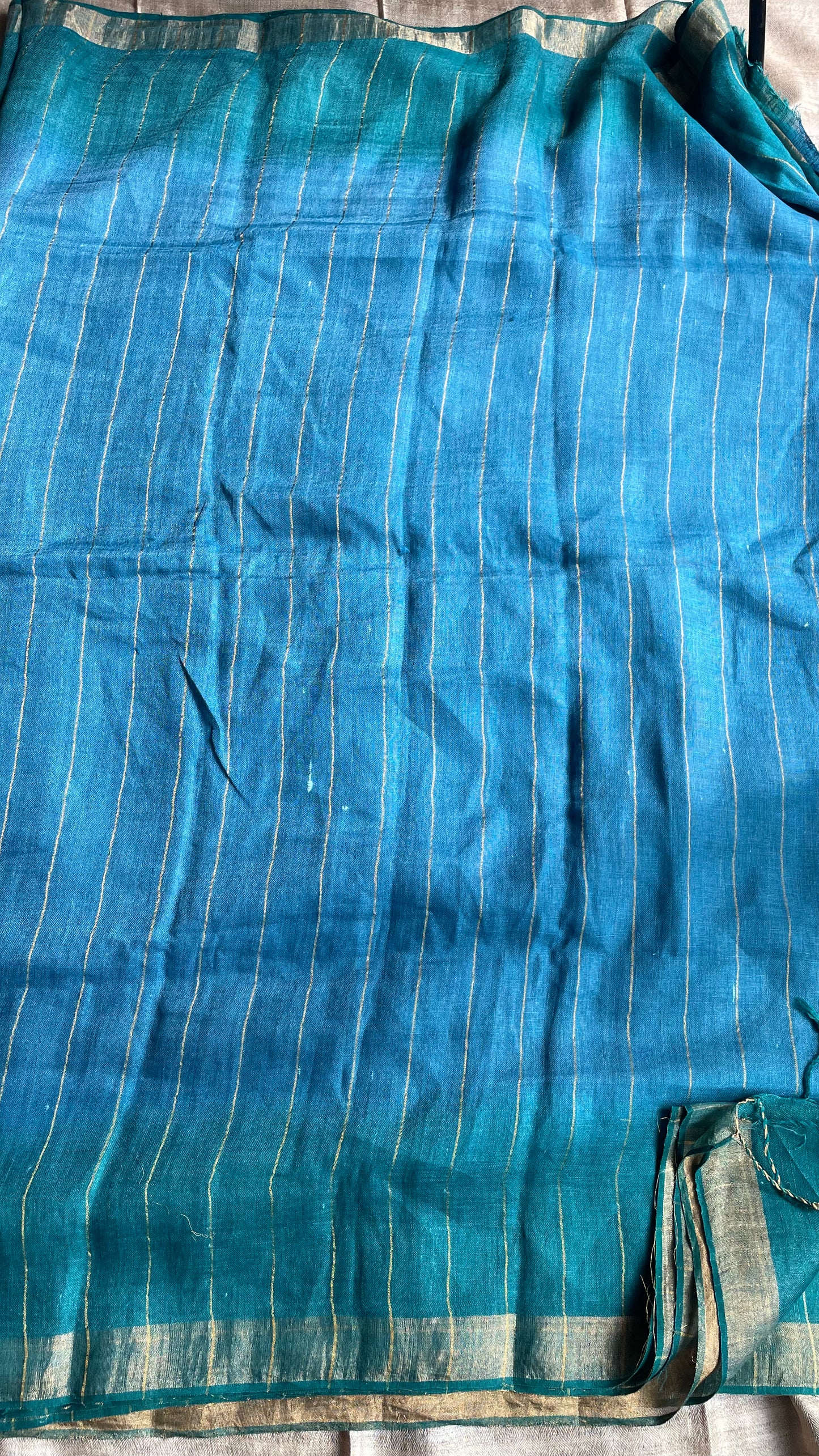 Aquamarine Linen Saree #2 (Gold Zari)