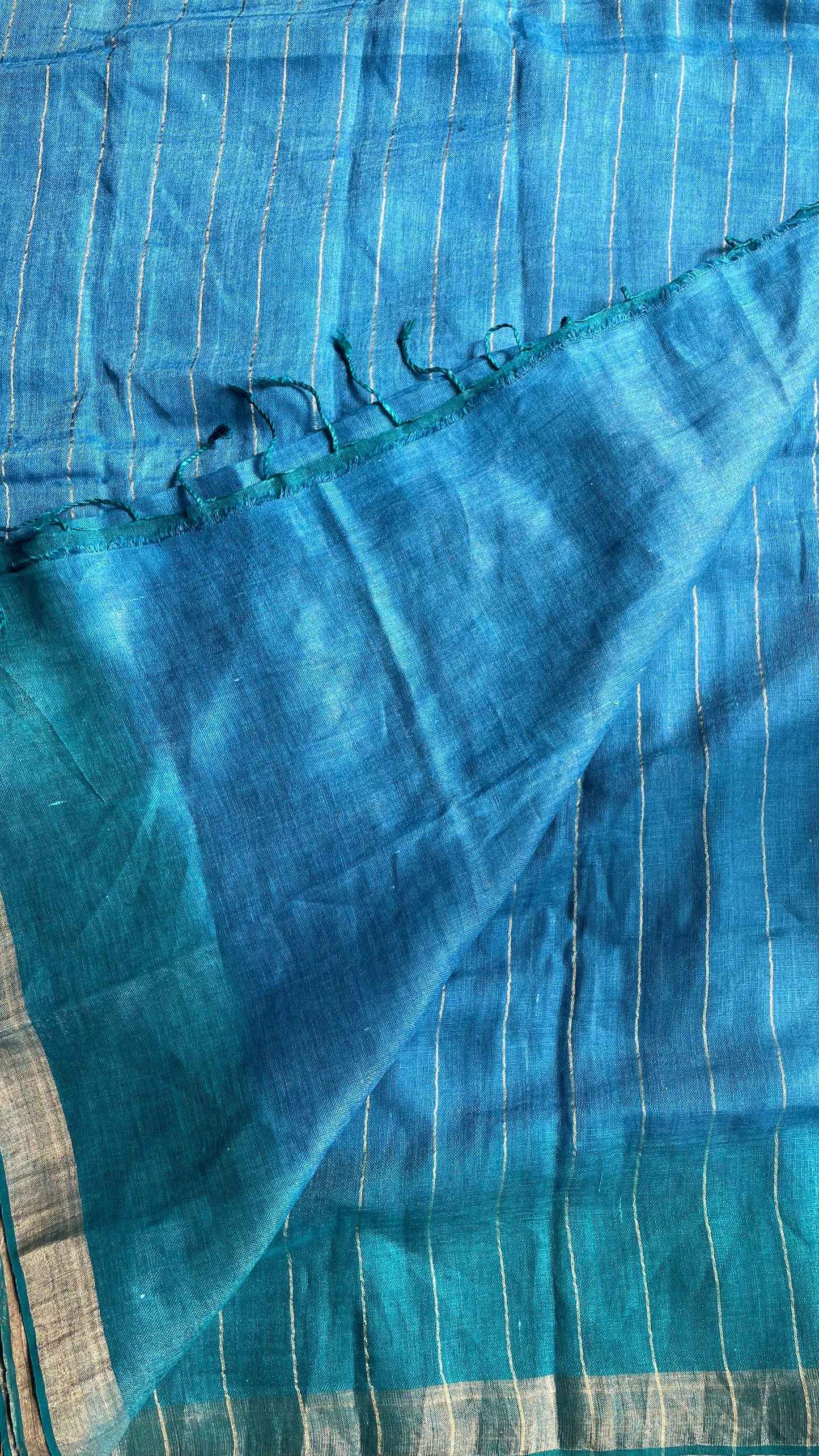 Aquamarine Linen Saree #2 (Gold Zari)