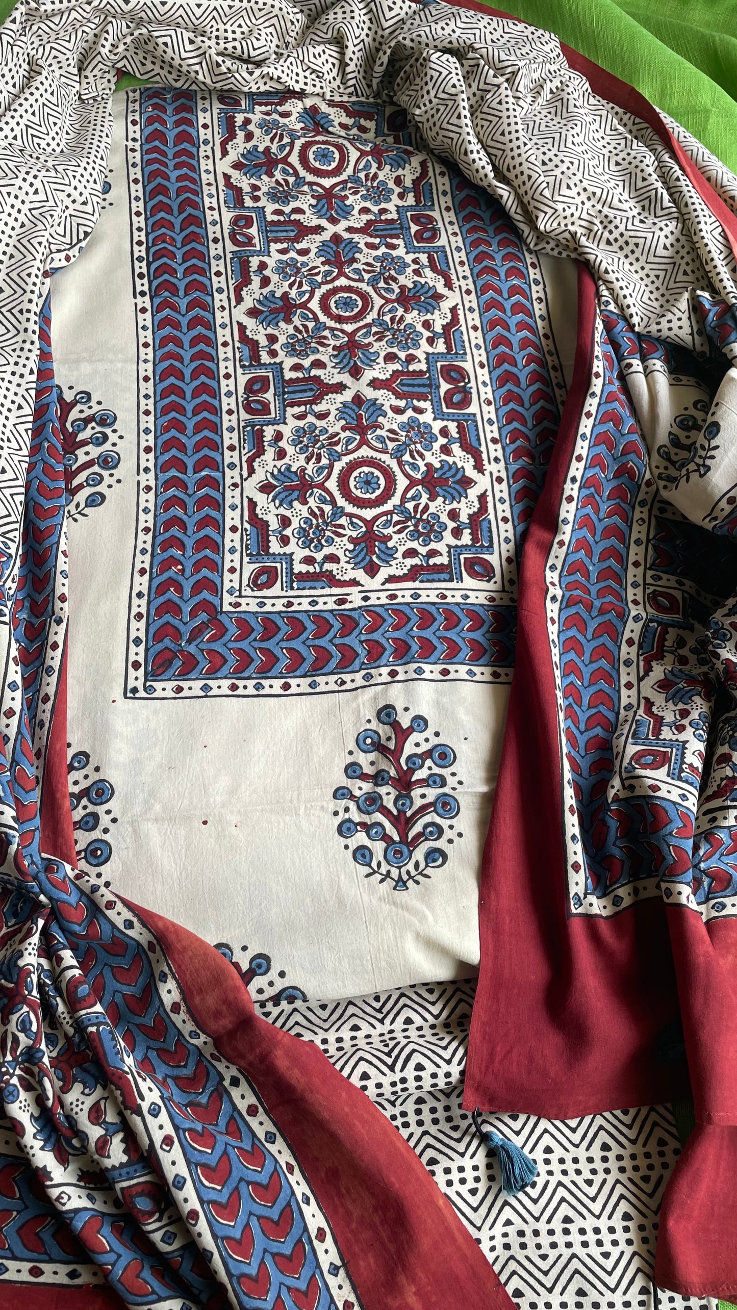 Handblock Printed Pure cotton Ajrakh  Kurta Bottom & Dupatta.