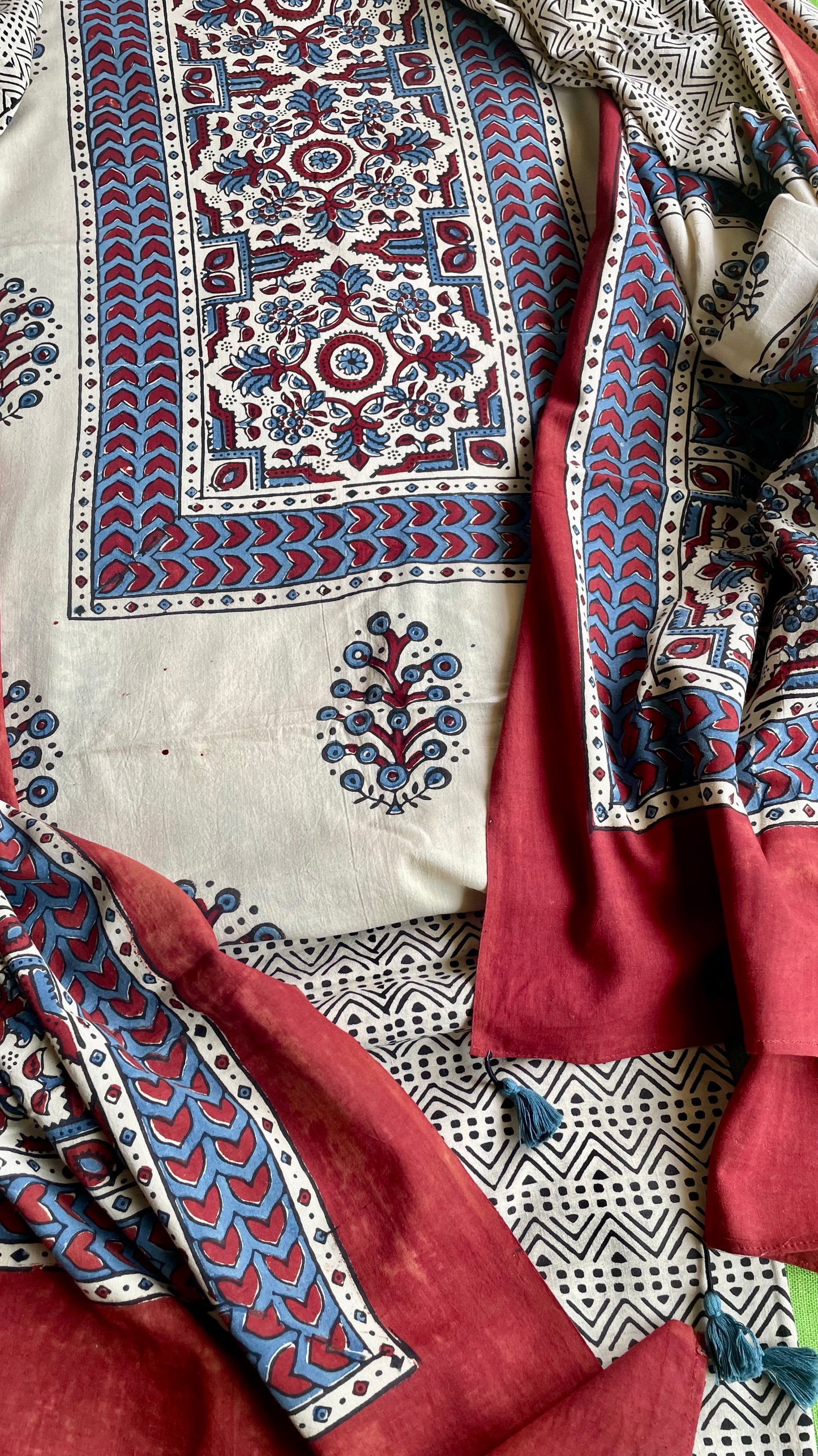 Handblock Printed Pure cotton Ajrakh  Kurta Bottom & Dupatta.