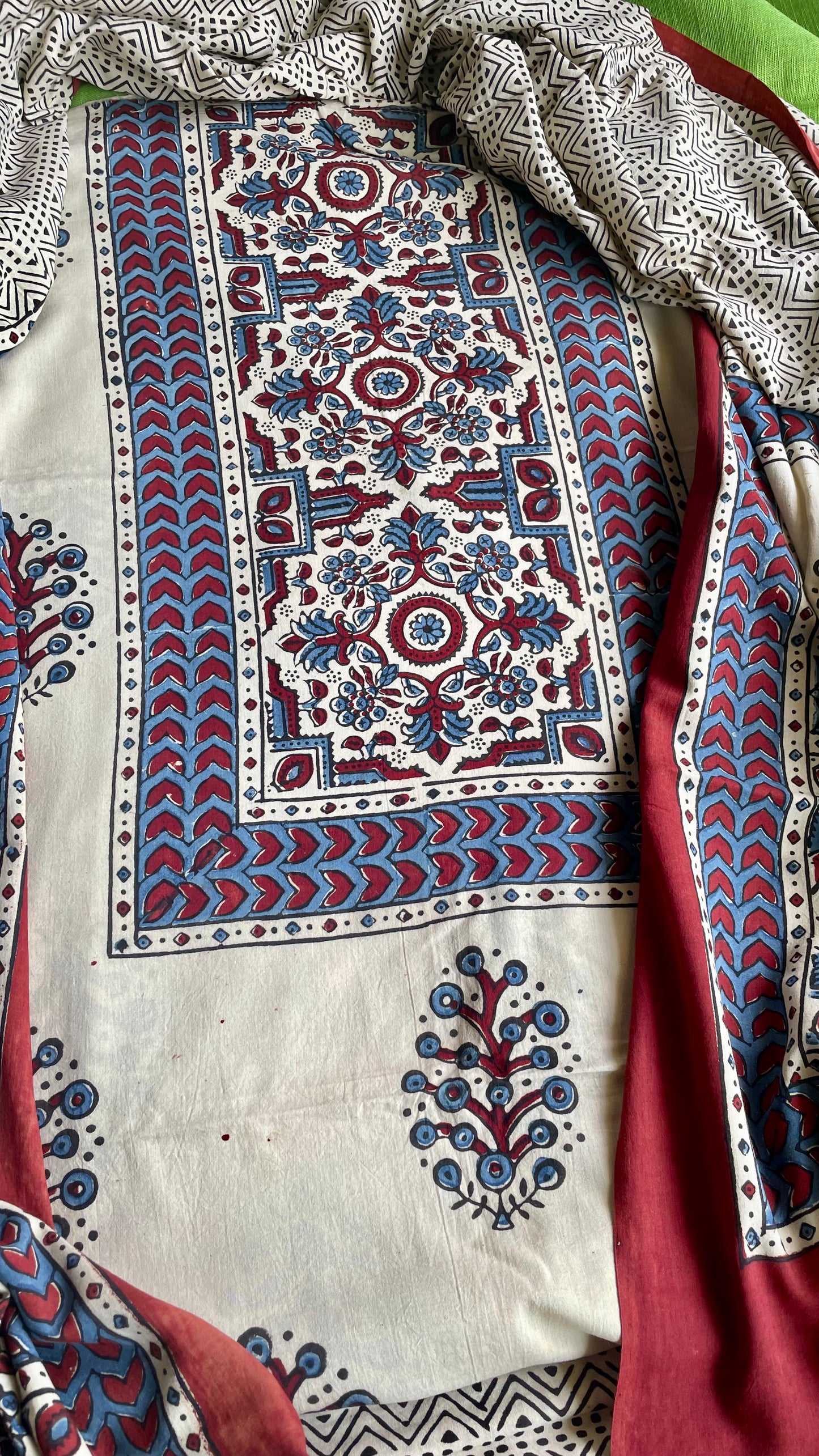 Handblock Printed Pure cotton Ajrakh  Kurta Bottom & Dupatta.