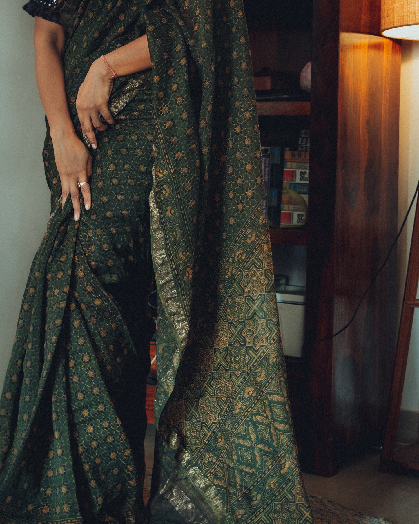 Maheshwari Natural Dyed Ajrakh Saree with Tassels.