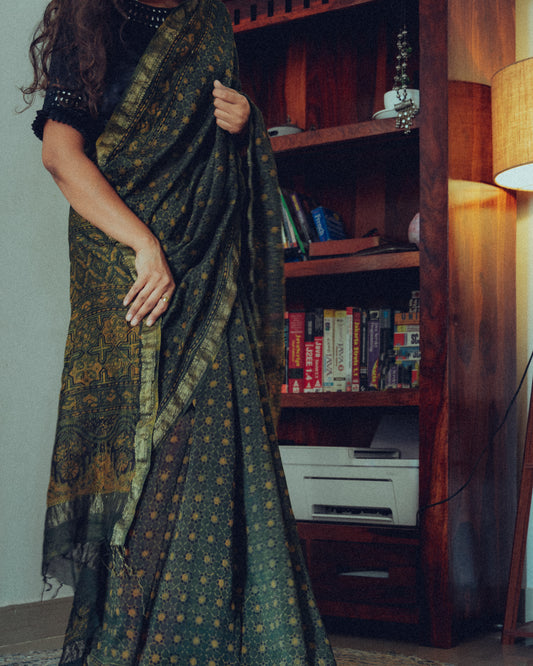 Maheshwari Natural Dyed Ajrakh Saree with Tassels.