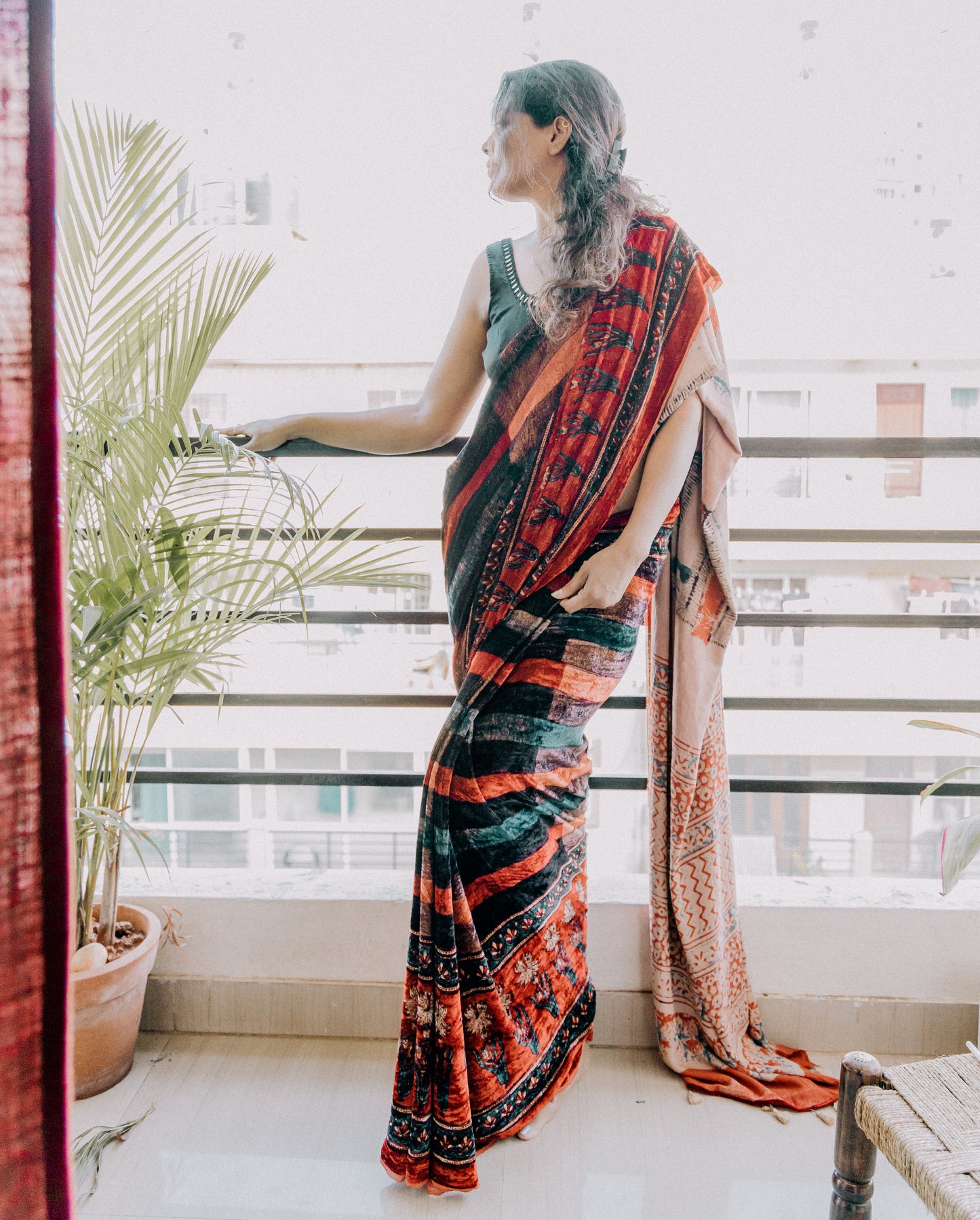 AJRAKH VELVET SILK  SAREE