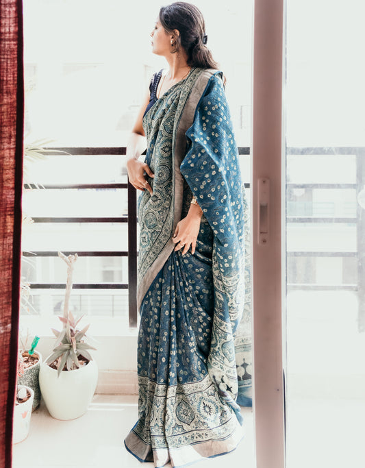 AJRAKH LINEN SILK  SAREE