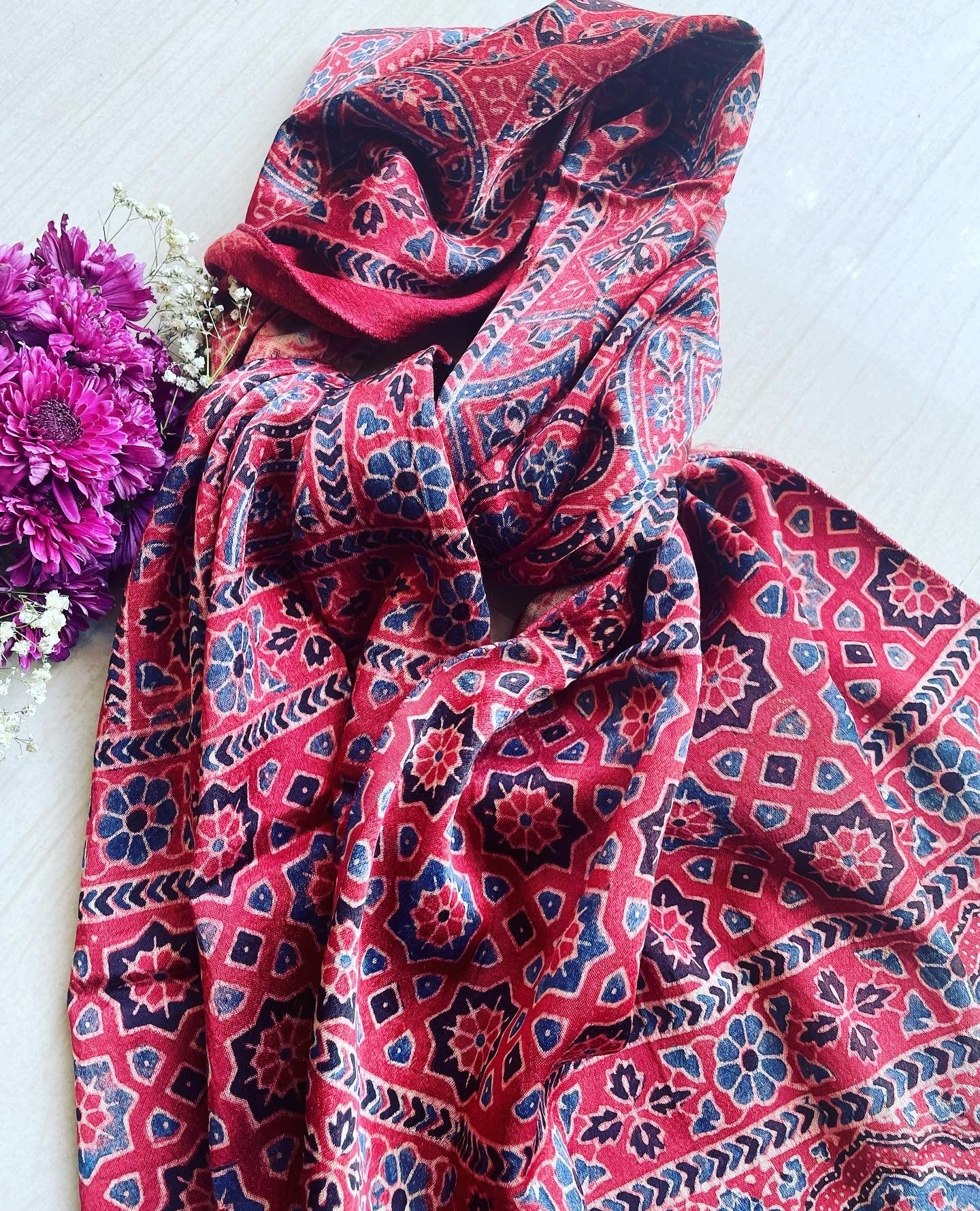 AJRAKH HAND BLOCK PRINTED MASHRU SILK STOLE