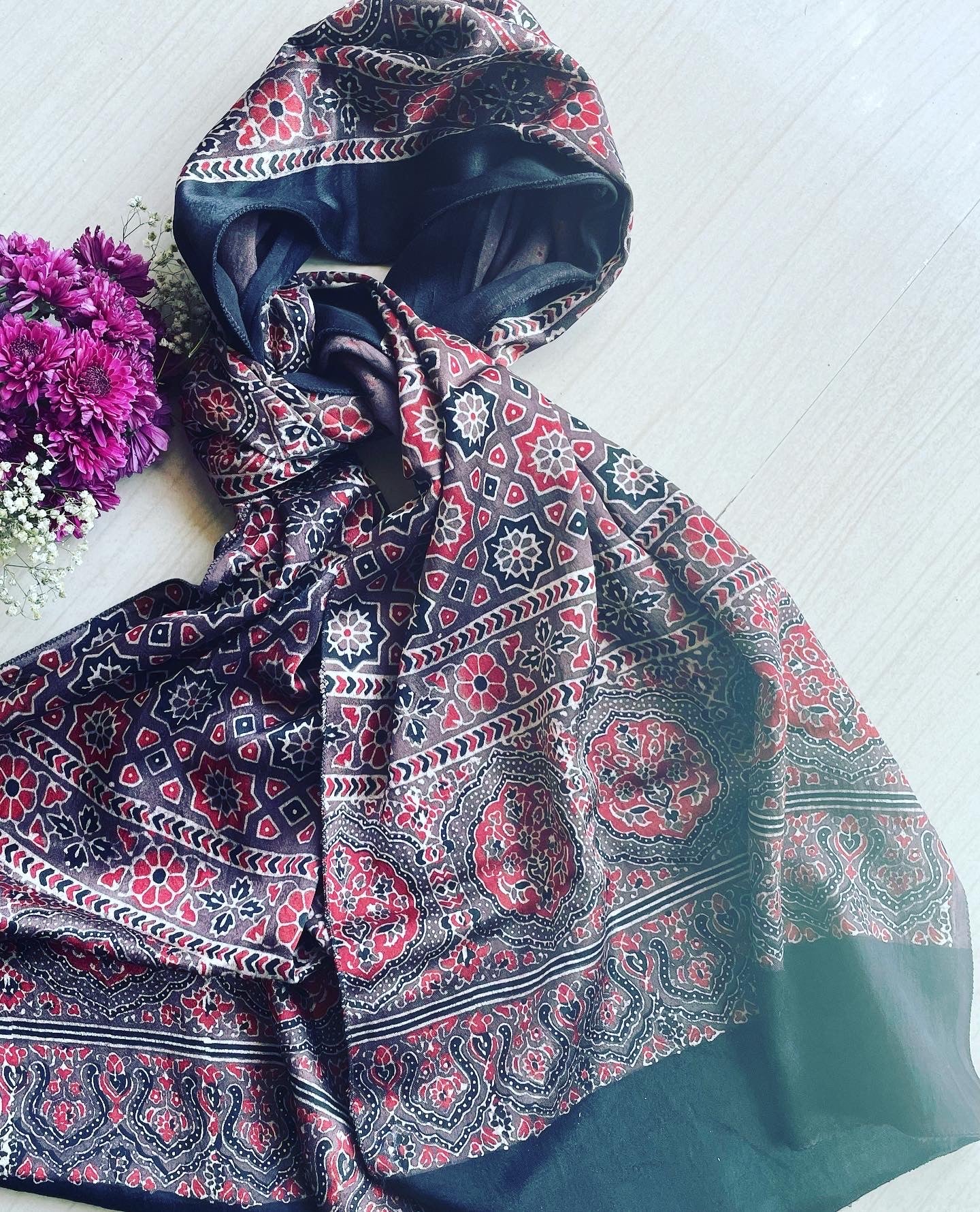 AJRAKH HAND BLOCK PRINTED MASHRU SILK STOLE.