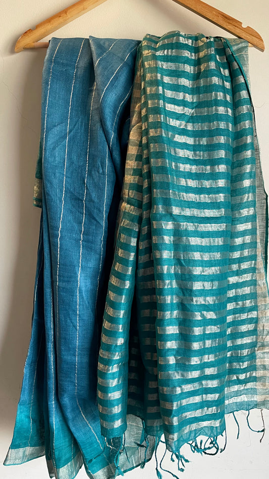 Aquamarine Linen Saree