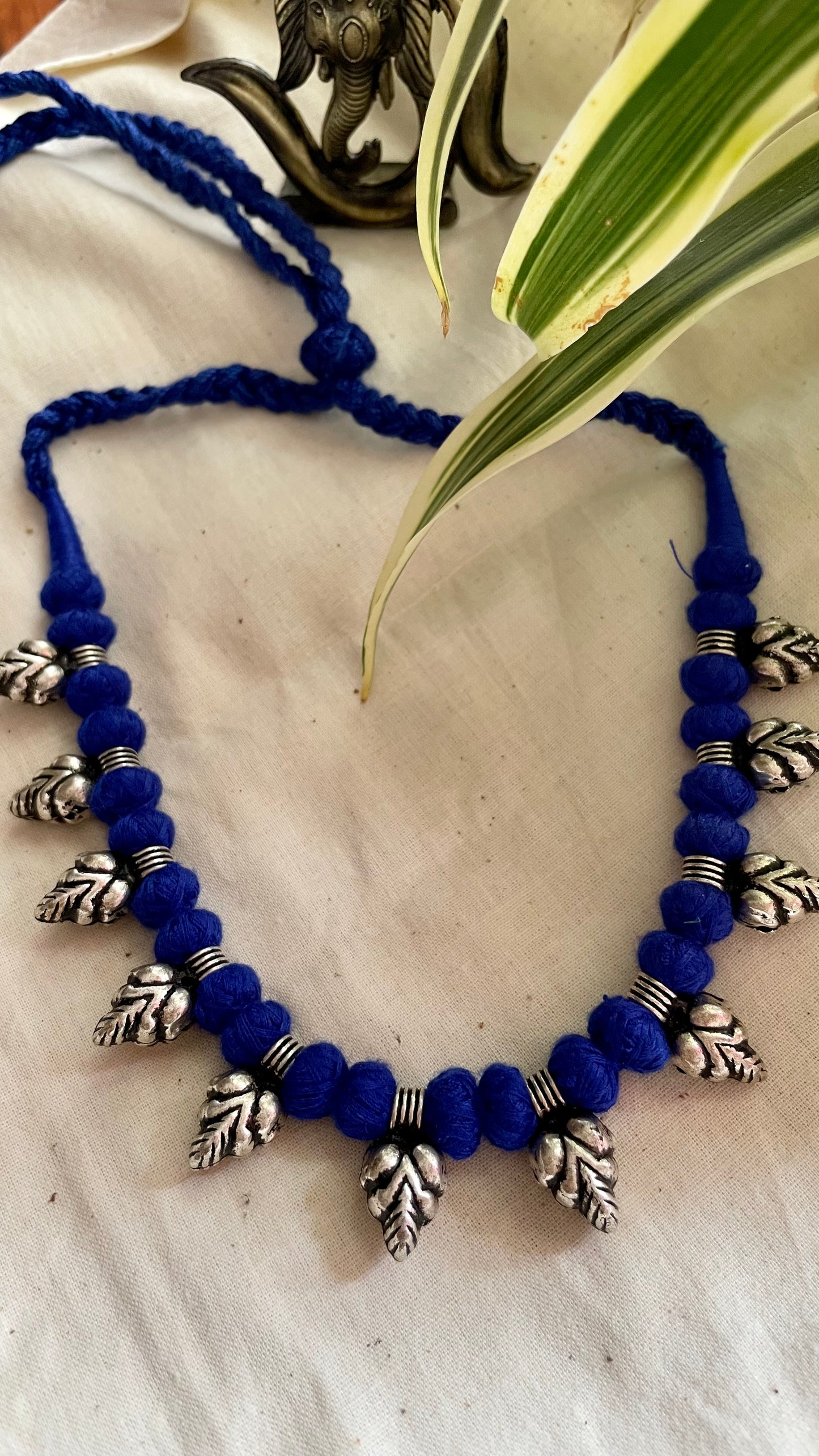 German silver beads in blue Patwa threadwork neckpiece