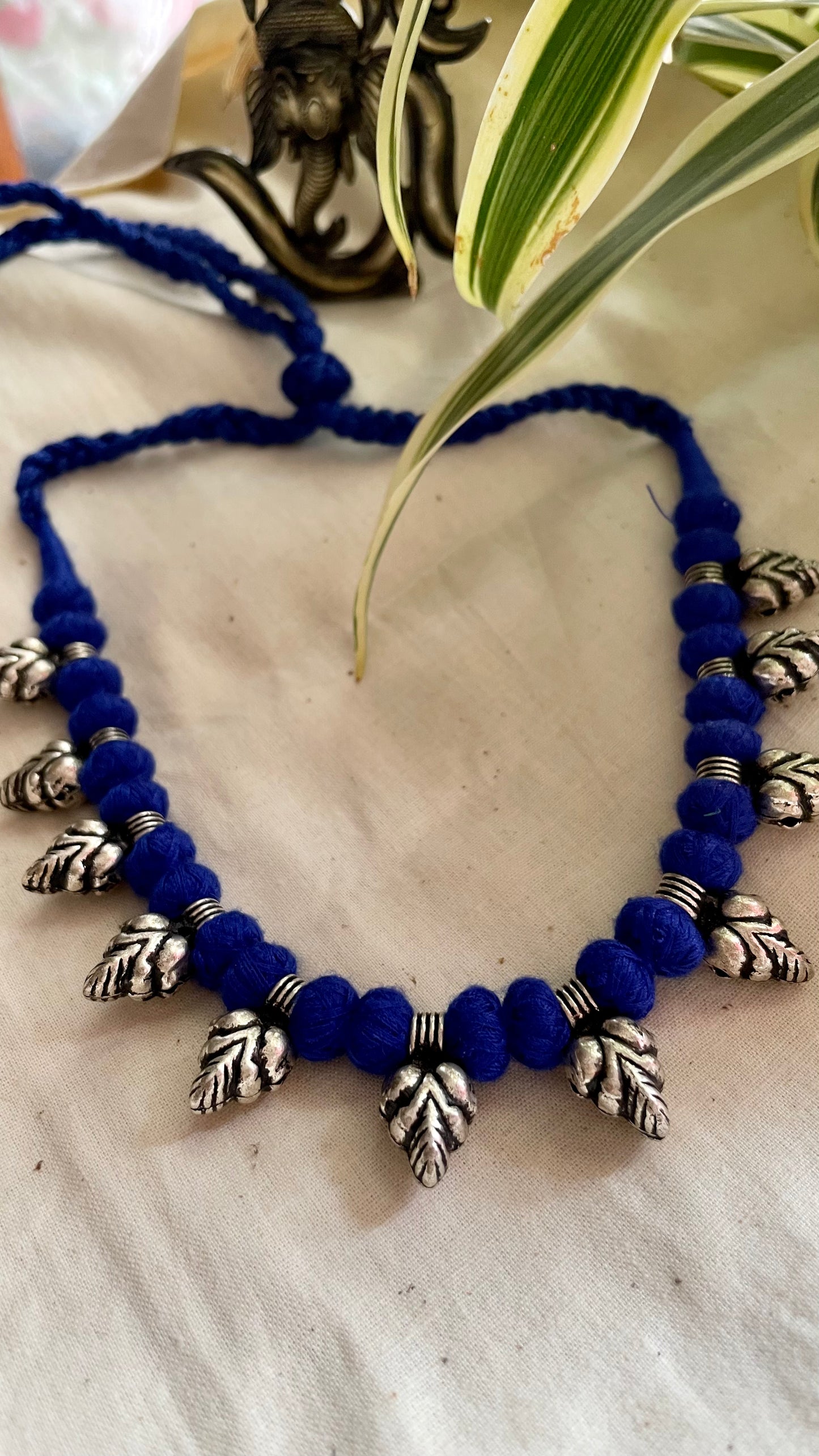 German silver beads in blue Patwa threadwork neckpiece